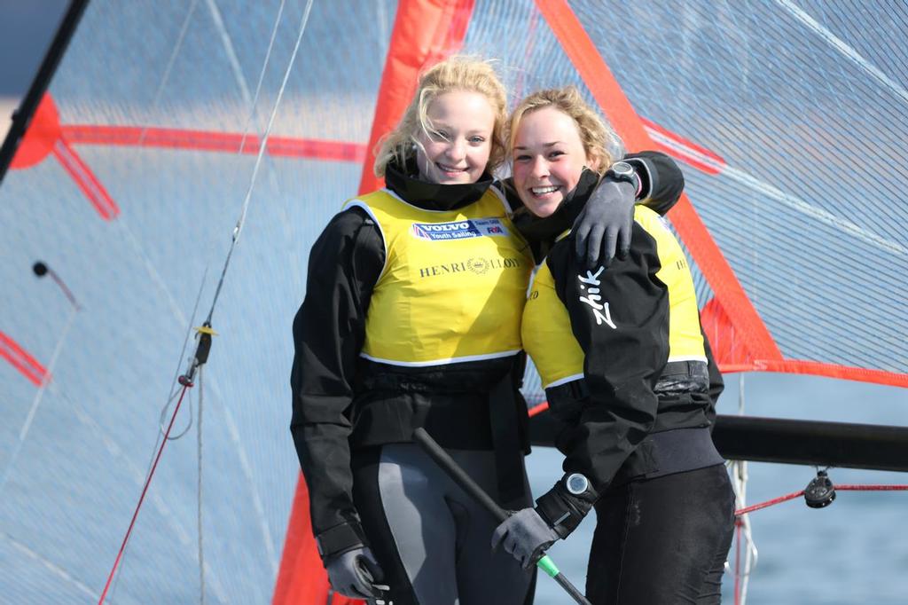 Winners of Each Class, 29er Girls, 1960, Vikki PAYNE, Stephanie, ORTON, Emsworth SC. Day 5, RYA Youth National Championships 2013 held at Largs Sailing Club, Scotland from the 31st March - 5th April. <br />
 ©  Marc Turner /RYA http://marcturner.photoshelter.com/